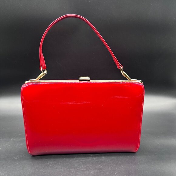 Vintage Cherry Red Patent Leather Handbag Purse Mid Century Gold 60s Top Handle - Picture 4 of 14